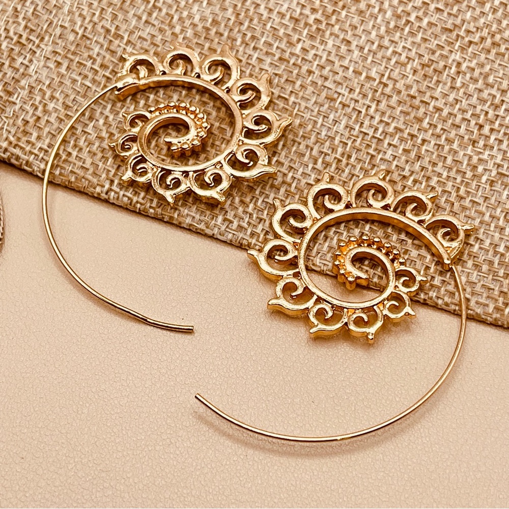 Vintage Bohemian Gold Spiral Design Hoop Statement Earrings
